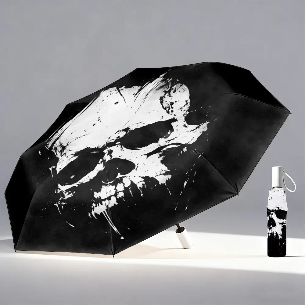 1 Automatic Open-and-Close Folding Umbrella – Black and White Gothic Skull Pattern, 8-Rib Design, Lightweight and Portable, Ideal for Travel, Commuting, and Parties – Auto-Closing, Wind-Resist