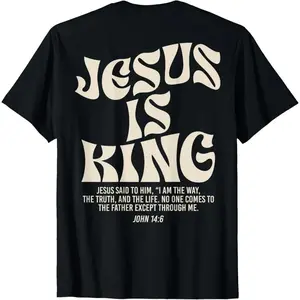 [100% Cotton] Jesus Is King Bible Verse John 14:6 Christian (on front)God Religious T-Shirt for adult kids boy graphic Tees shirts funny vintage fashion Short Sleeve tops vacation outfits clothingZQ