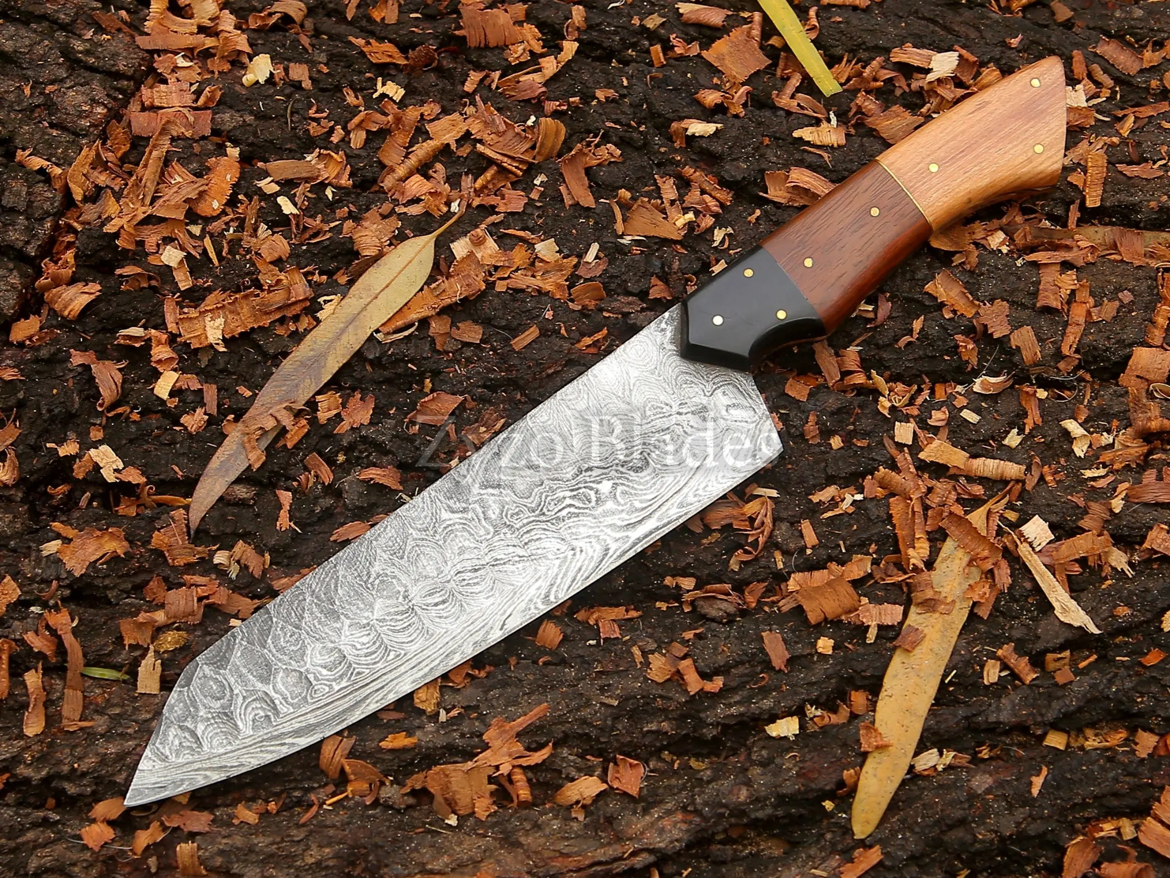 Custom Damascus Steel Chef Knives - 13 in Kitchen Knife with Sharp Blade, Ergonomic Wooden Handle
