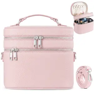 PU Leather Makeup Bag Organizer Double Layer Vanity Bag Large Capacity with Compartments and Handle Travel Portable Storage Crossbody Cosmetic Jewelry Case for Women