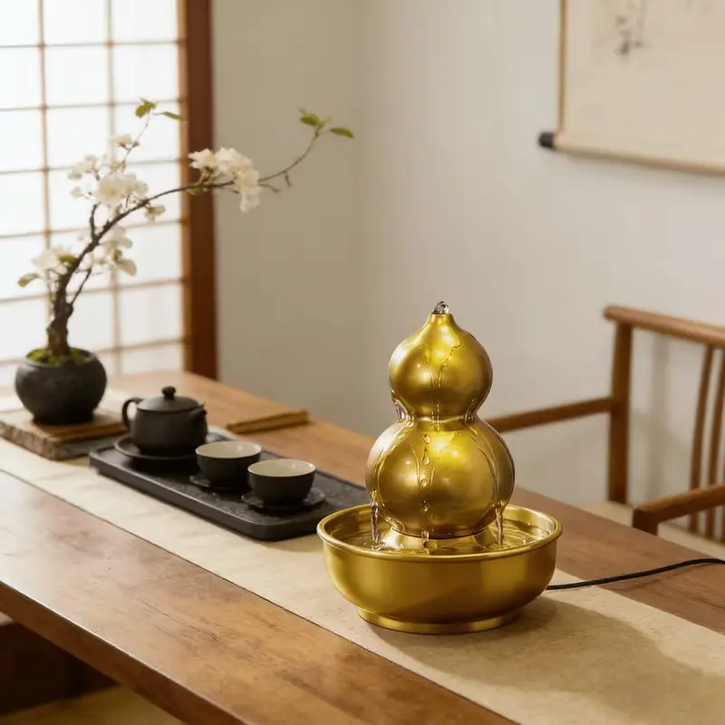 Luxurious frosted deep golden gourd fountain, resin water flow tabletop fountain, equipped with frosted deep golden gourd and base, suitable for decoration in home offices, meditation spaces, and relaxation centers as decorative items.