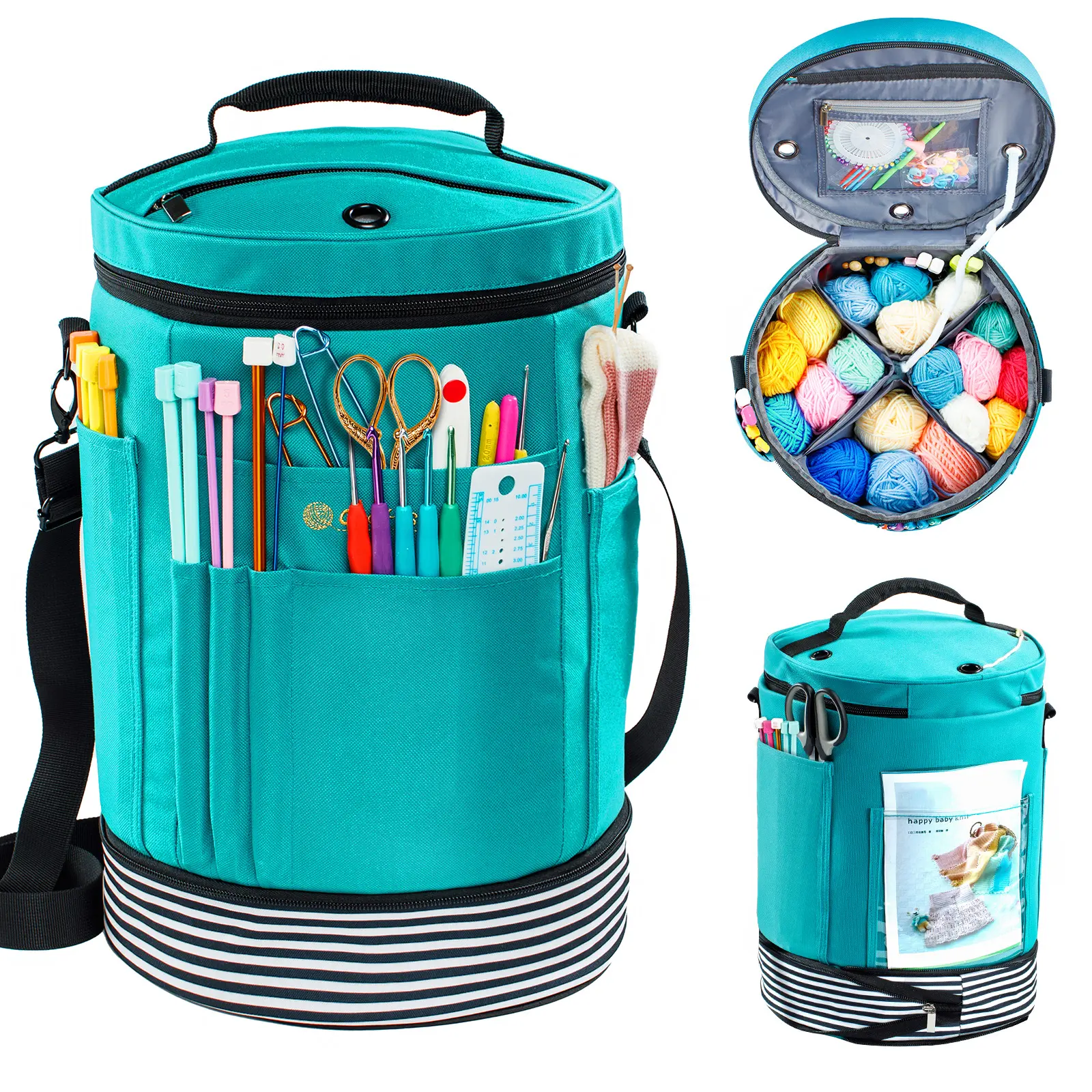 MYBAGZING Durable Lightweight Crochet Organizer Tote - Expandable Luggage Bag Accessory with 6 Pockets, Grommets for Tangle-Proof Yarn, Drawstring Closure, Zipper Pouches, Ideal Gift for Crafters, Durable Lightweight Organizer, Storage Carrying Bag, Multi