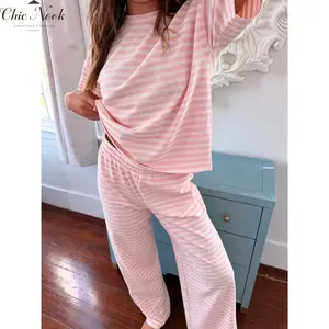 Women's Striped 2 Piece Lounge Set Casual Short Sleeves T-Shirt Drawstring Wide Leg Pants Matching Set