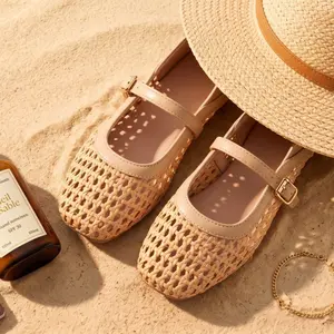 Women's Woven Mary Jane Shoes – Convertible Slip-On Flats, Breathable Summer Cutout Mules with Adjustable Strap for Casual Walk & Travel