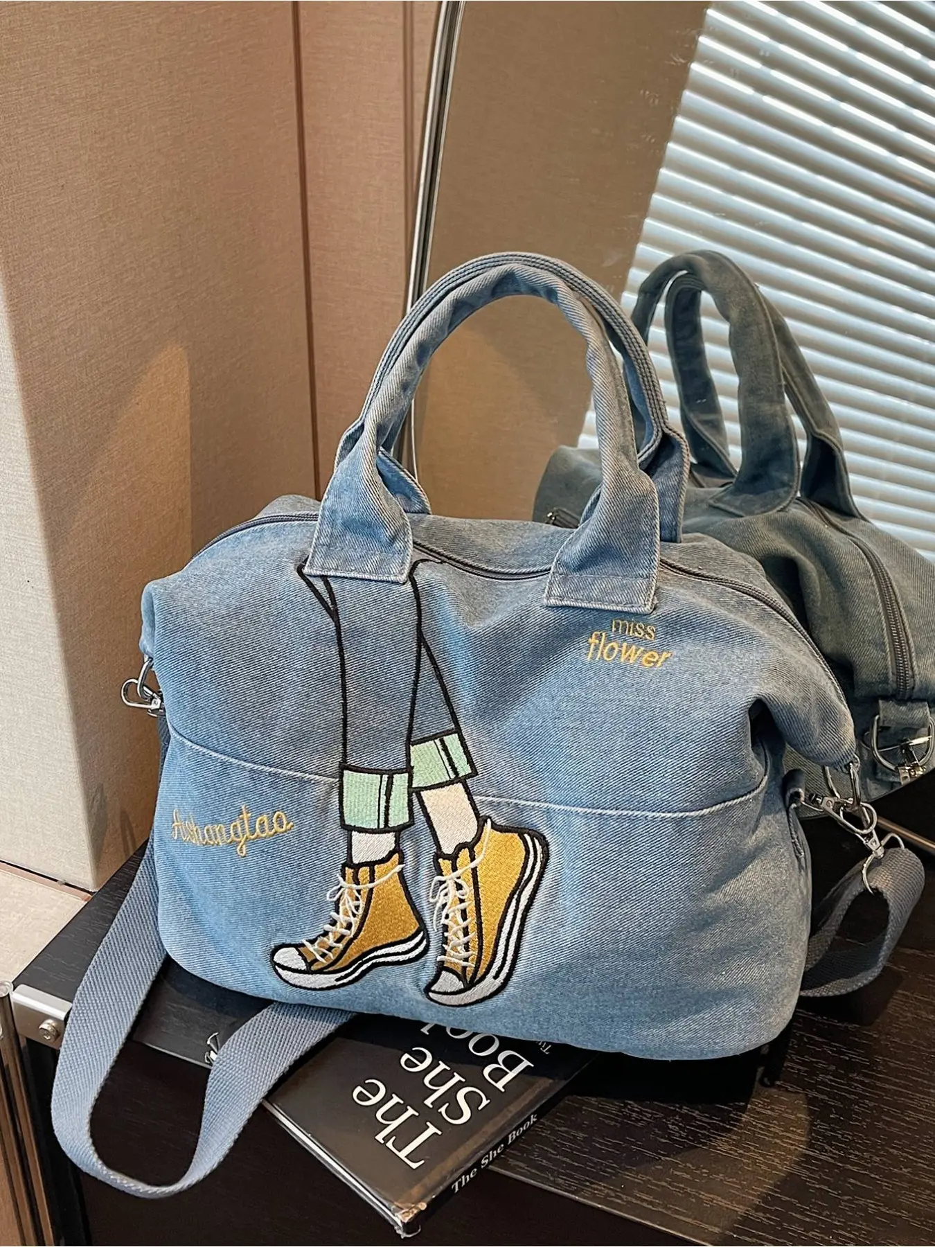 Vintage American Distressed Denim Crossbody Bag Large Capacity Canvas Embroidered Tote for Women Students Commute