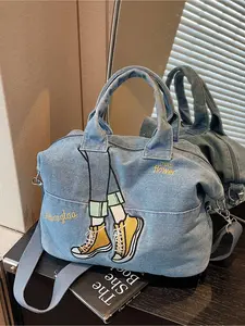 Vintage American Distressed Denim Crossbody Bag Large Capacity Canvas Embroidered Tote for Women Students Commute