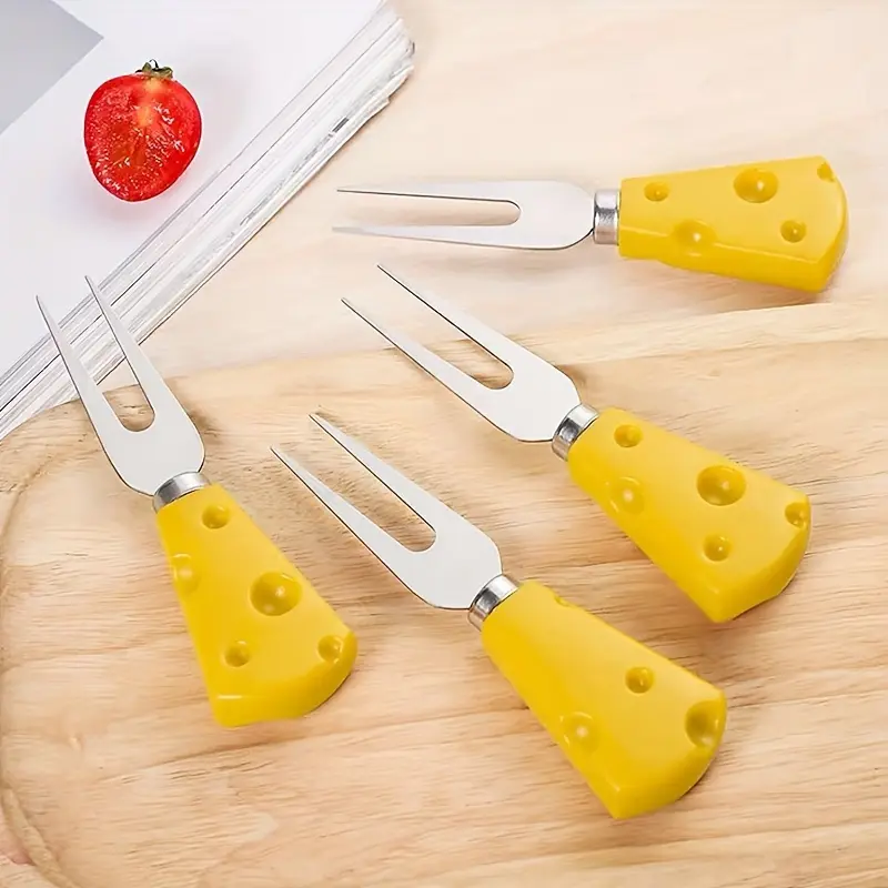 1/4pcs Cheese Fork, Fruit Fork, Salad Fork, Kawaii Cheese Fork with Cheese Decorative, Decorative Handle Multipurpose Cheese Fork, Butter Fork for Kitchen Birthday Wedding Easter, Baking Tools