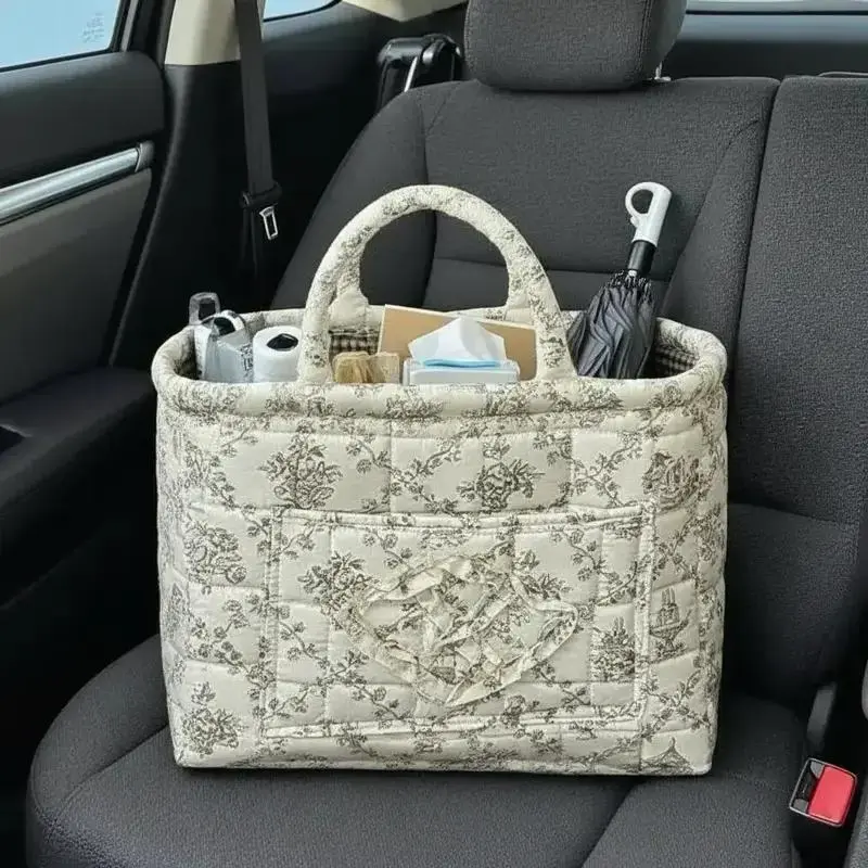 1pc Multi Functional Folding Poolside Woven Storage Basket with Handles Washable Farm Flower Pattern Home Office Car Organizer Cute Storage Box Carry Basket
