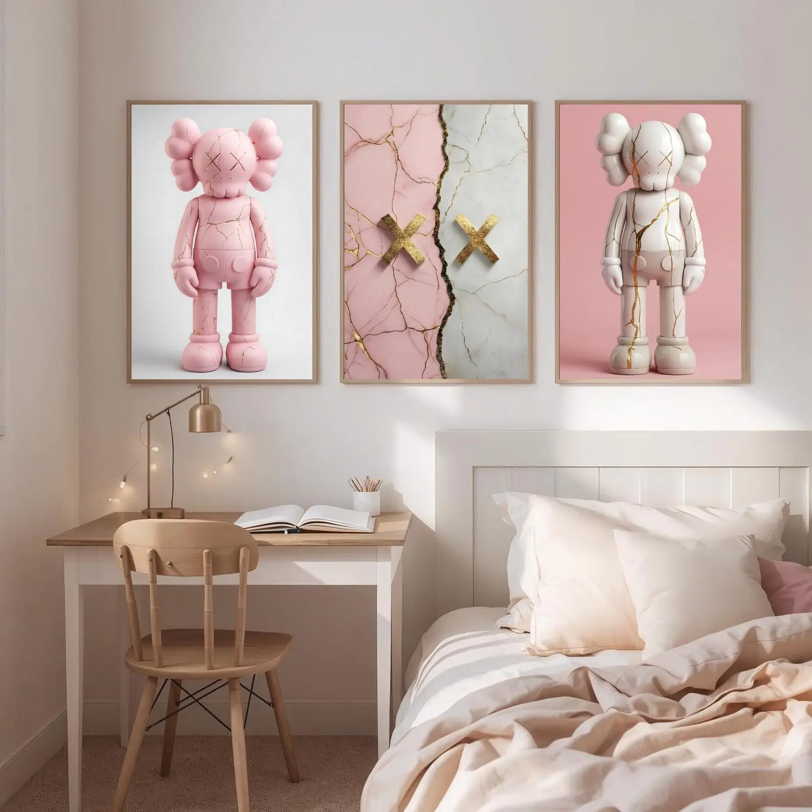 Decorative HypeBeast Pink Kaws Designer Wall Art Poster Print Unframed Set Of 3, Kaws Style Hypebeast Decor,Artful Urban Decor Print,Kaws Figured Art Print