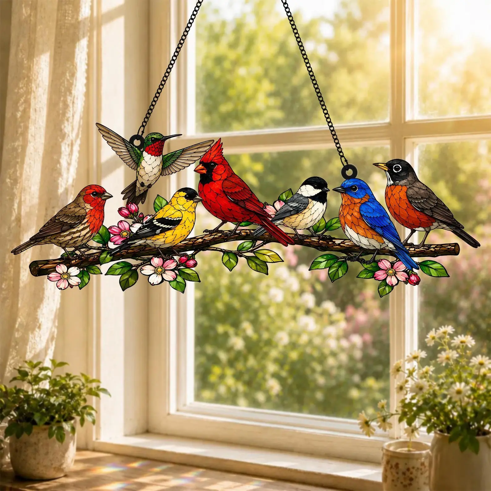Birds Stained Glass Suncatcher, Colorful Glass Art Window Hanging, Gift for Grandparents, Bird Lover Window Hanging Gift, Garden Home Decor