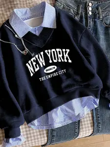 Women's Casual V-Neck Long Sleeve Pullover Sweatshirt, Versatile Everyday Style for School and Commuting, New York Letter Pattern, Loose Fit, All Seasons