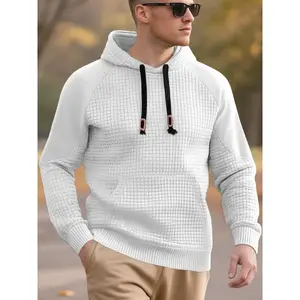 Outdoor men's solid color waffle drawstring hoodie, regular version suitable for autumn and winter wear warm top, casual and comfortable, daily home, sports and other scenarios, autumn and winter men's hoodie.