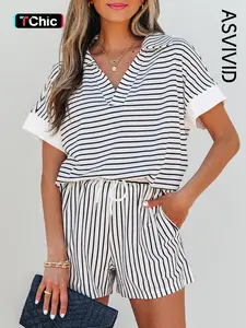Women's Casual Striped V Neck Tee and Drawstring Pocket Shorts Set, Short Sleeve Design, All Seasons Wear, Two-Piece Set, Chic