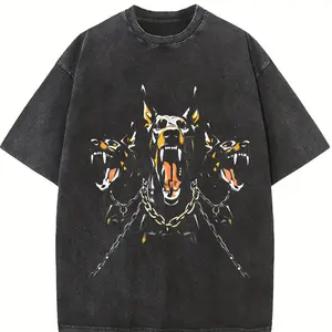 Men'S Vintage Black Washed T-Shirt with Doberman Pattern | Casual Street Style, Soft and Comfortable, Machine Washable, Everyday Wear | Crew Neck, Short Sleeve, Regular Fit