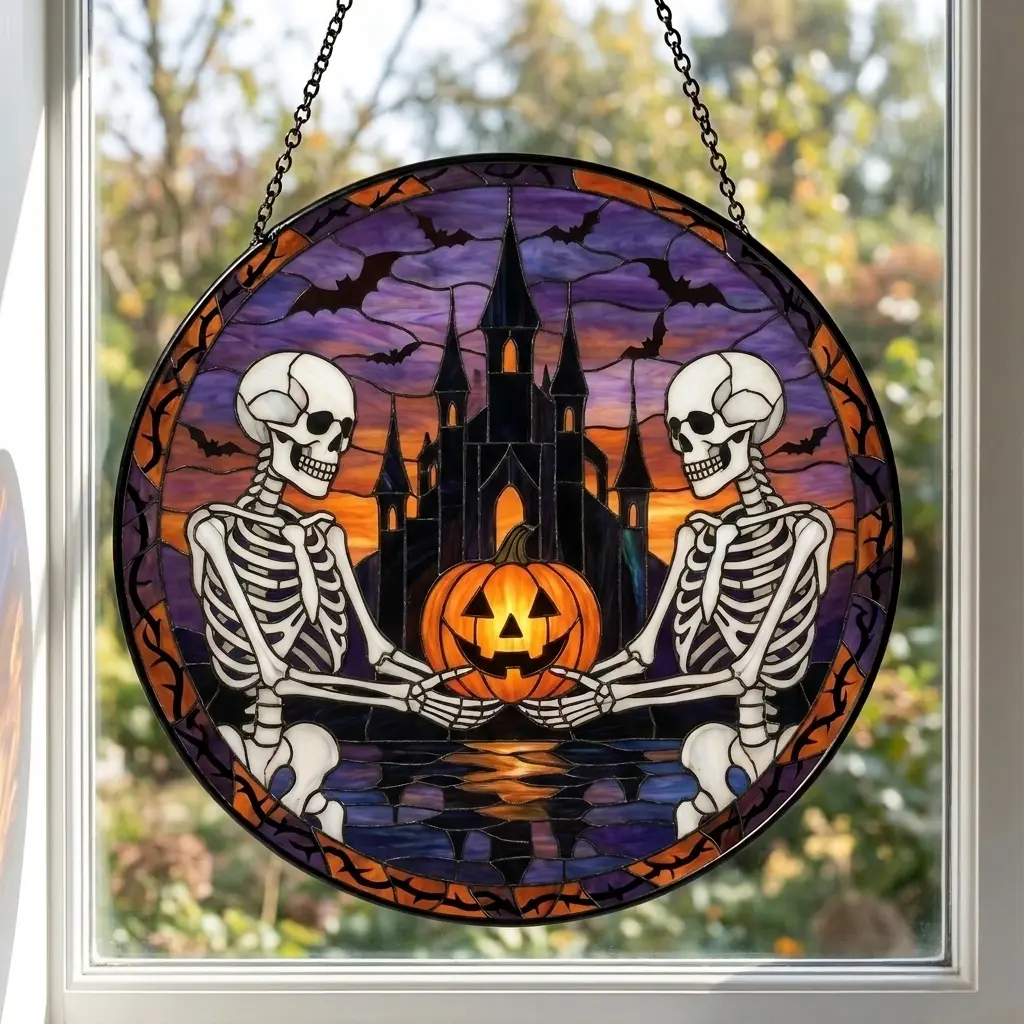 Glass Halloween Skeleton Suncatcher Hanging, Stained Glass Skull Jack O Lantern Haunted Castle Window Panel, Gothic Halloween Home Decor Gift