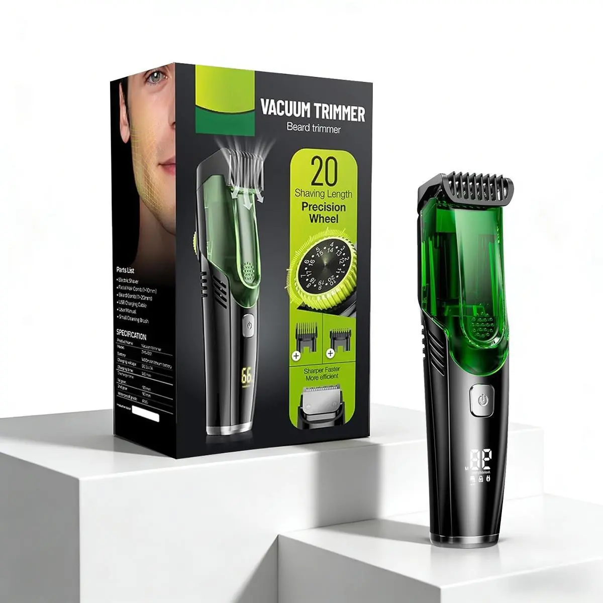 Men's Rechargeable Vacuum Beard Trimmer with Dual Motors - IPX7 Waterproof, USB Port, 22.5 * 14.5 * 6Cm, Adjustable Length Hair Combs - Electric Face Grooming Kit for Mustache, Sideburns, Stubble Cutting