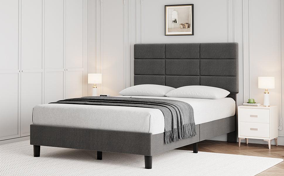 GARVEE Twin Bed Frame with Headboard, Linen Upholstered Twin Bed Frames with Solid Wooden Slats Support, No Box Spring Needed, Noise-Free, Grey