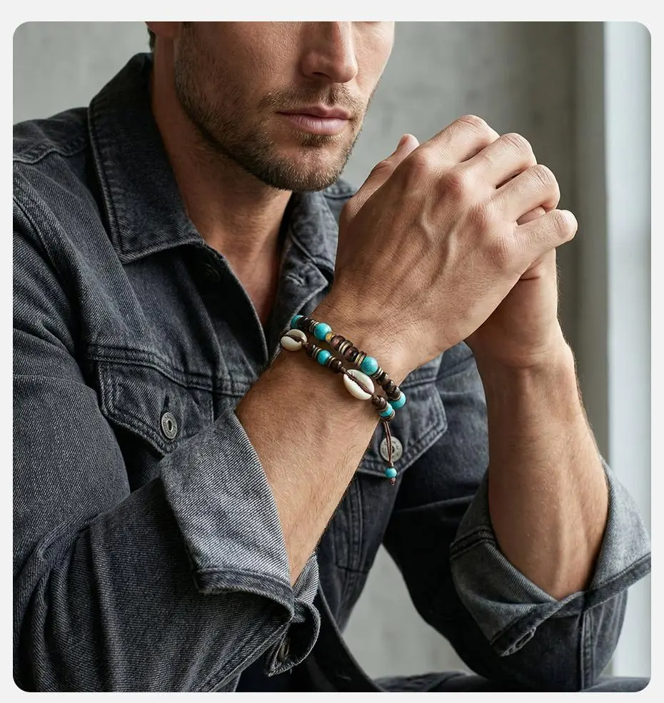 Vnox Adjustable Surf Bracelet Set for Men with Cowrie S Wood Bead Stainless Steel Braided Rope, Beach Boho Stacking Jewelry