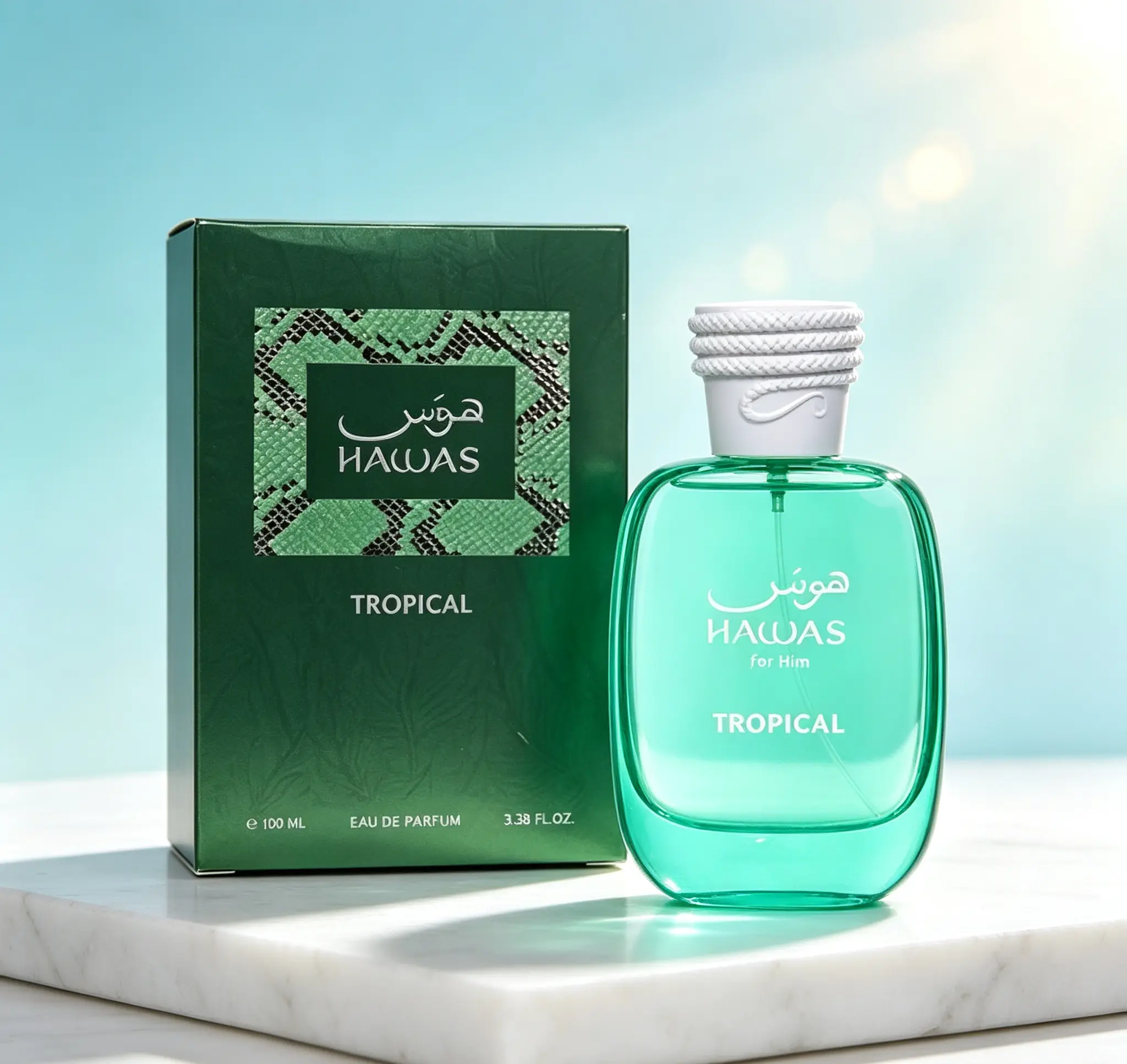 Hawas For Him Tropical Eau De Parfum Spray for Men, Long Lasting Tropical Fresh Masculine Cologne, 3.38 Fl Oz / 100ml Full Size Men Fragrance