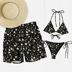 Black Floral Matching Couples Swimsuits for Honeymoon, Beach Vacation & Anniversary. Bikini Separates. Matching Couple Swimwear Set