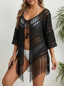 Women's Long Flowy Tassel Kimono, Solid Color Design, Sexy Beach Sun Protection Bikini Cover-Up Oym6z713, Elegant Summer, Swimwear Cover Up
