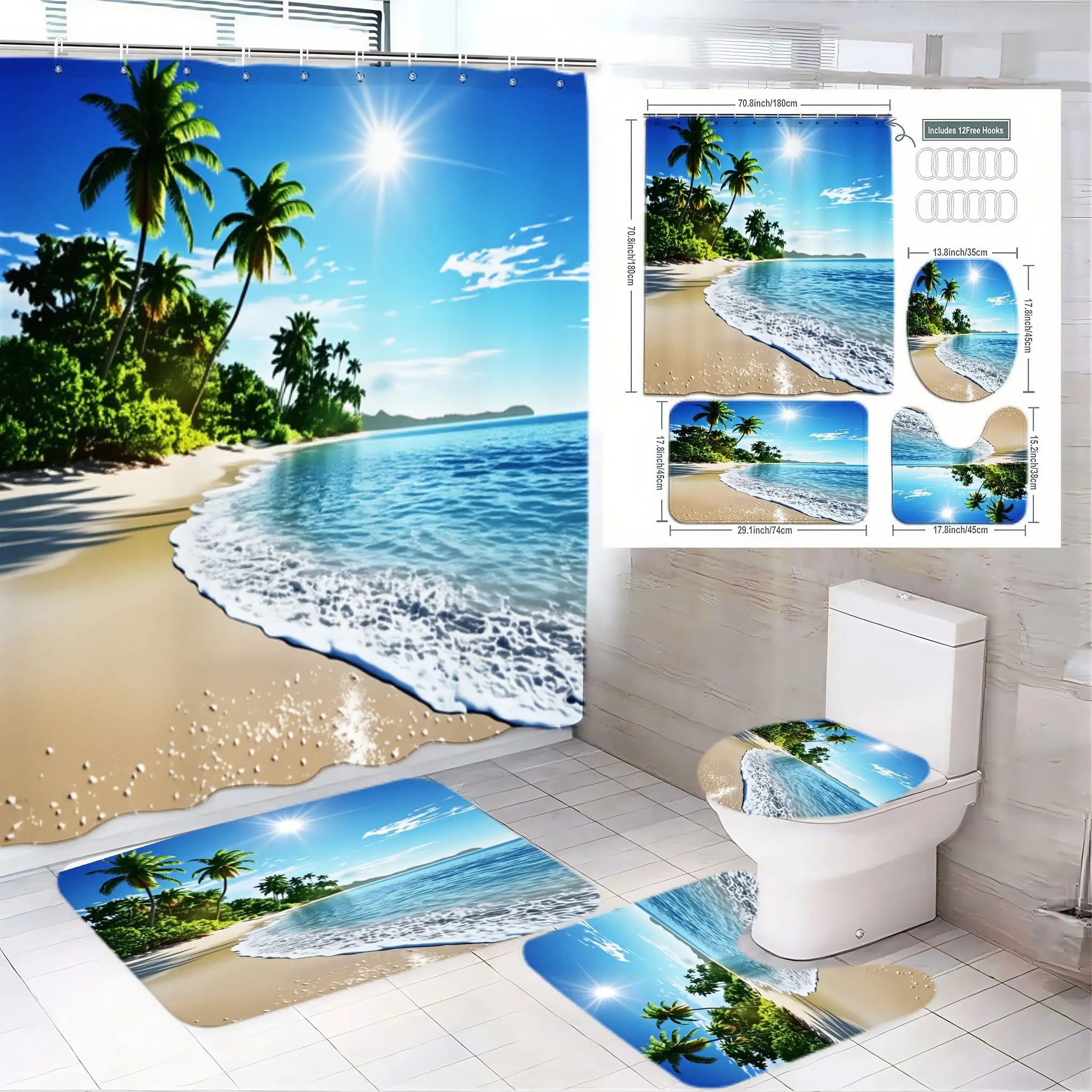 4pcs Tropical Beach Home Bathroom Decor Set with Vibrant Coastal Shower Curtain Sets, Lush Palm Trees & Turquoise Ocean, Mat Collection Ideal for Summer Vibes, Perfect for a Sunny Retreat Experience in Your Bathroom, Bathroom Decorations