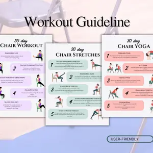 Adult chair yoga illustrations, thirty-day exercise set, including hamstring stretches and pigeon pose, suitable for daily light fitness for office workers and the elderly