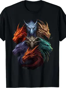 Men's Black Dragon Graphic TShirt with Vibrant Blue & Orange Dragon Print Casual Shirt Round Neck Fantasy for Men AllSeason Comfort Fit for Gaming Conventions & Casual Parties Beach & Sports Outdoor Clothing|All-Season Casual Wear