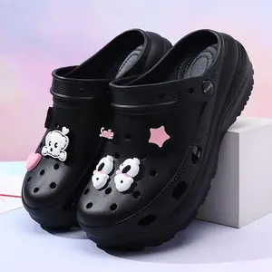 Women's Black Clogs with Cute Cartoon Accents — Versatile Indoor/Outdoor, Casual, Comfortable, and Non-Slip Mules. Everyday-Friendly, Thick-Soled Walking Shoes; Breathable Summer Slides with Arch Support.