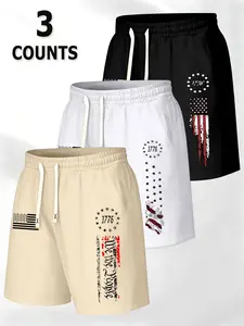 Men's American Flag Print Star Patriotic Graphic Shorts Set, Summer Sports Shorts, Drawstring Waist, Front Tie, Slant Pockets, Sporty Loose Fit, Casual Gym Wear