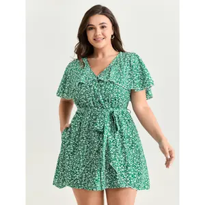 BLOOMCHIC Plus Size Spandex Floral Print Ruffled Wrap Hem Romper - Smooth, Sleeved, With Pocket, Size, [M-6X]2026 Summer Vibes Swimweek