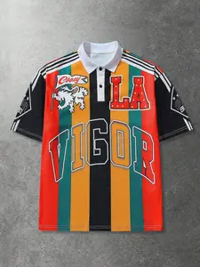 Men's Retro Vertical Stripe Polo Shirt, LA Vigor Lion Print Short Sleeve Jersey, Streetwear Soccer-Style Casual Top