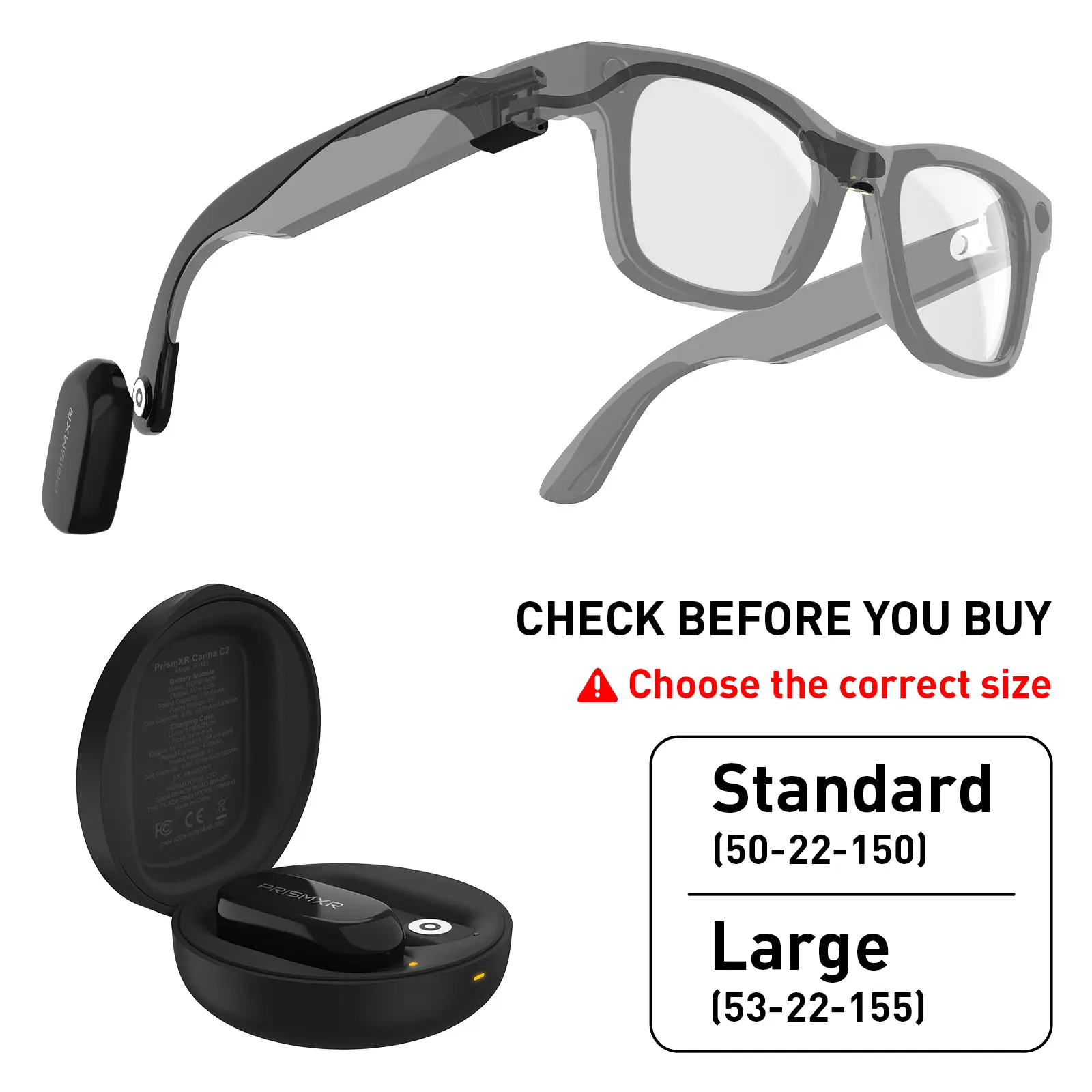 PRISMXR Carina C2 Wearable Battery Pack for RayBan Meta smart glasses | Wayfarer (Standard & Large Only) | Magnetic Snap-On Charger | Ultra-Light Portable Power | 14-19H Extra Battery Life | Glasses not included