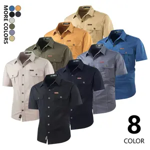 Men’s work short-sleeve shirt with multiple pockets—abrasion-resistant outdoor casual button-up top made from stain-resistant fabric that is durable and easy to care for; suitable for construction sites, workshops, auto repair, and gardening; effortlessly