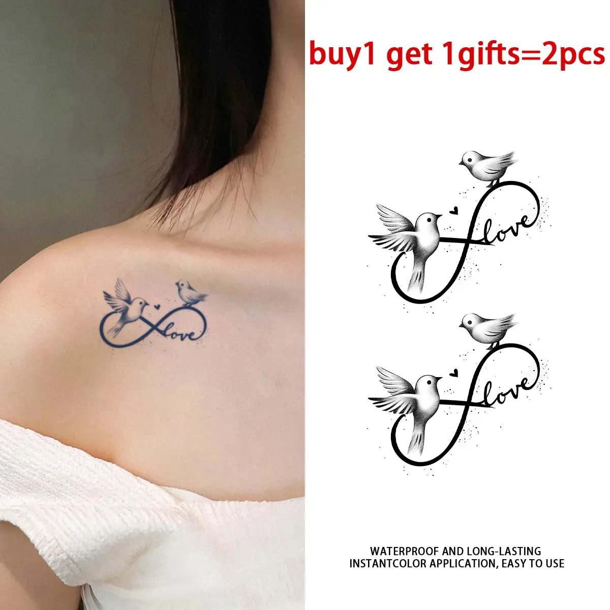 2-Pack Black Shading Love Birds Infinity Loop Script Temporary Tattoo Stickers, Long-Lasting Semi-Permanent Waterproof Dainty Romantic Fake Body Tattoos for Women (Collarbone, Shoulder Use)