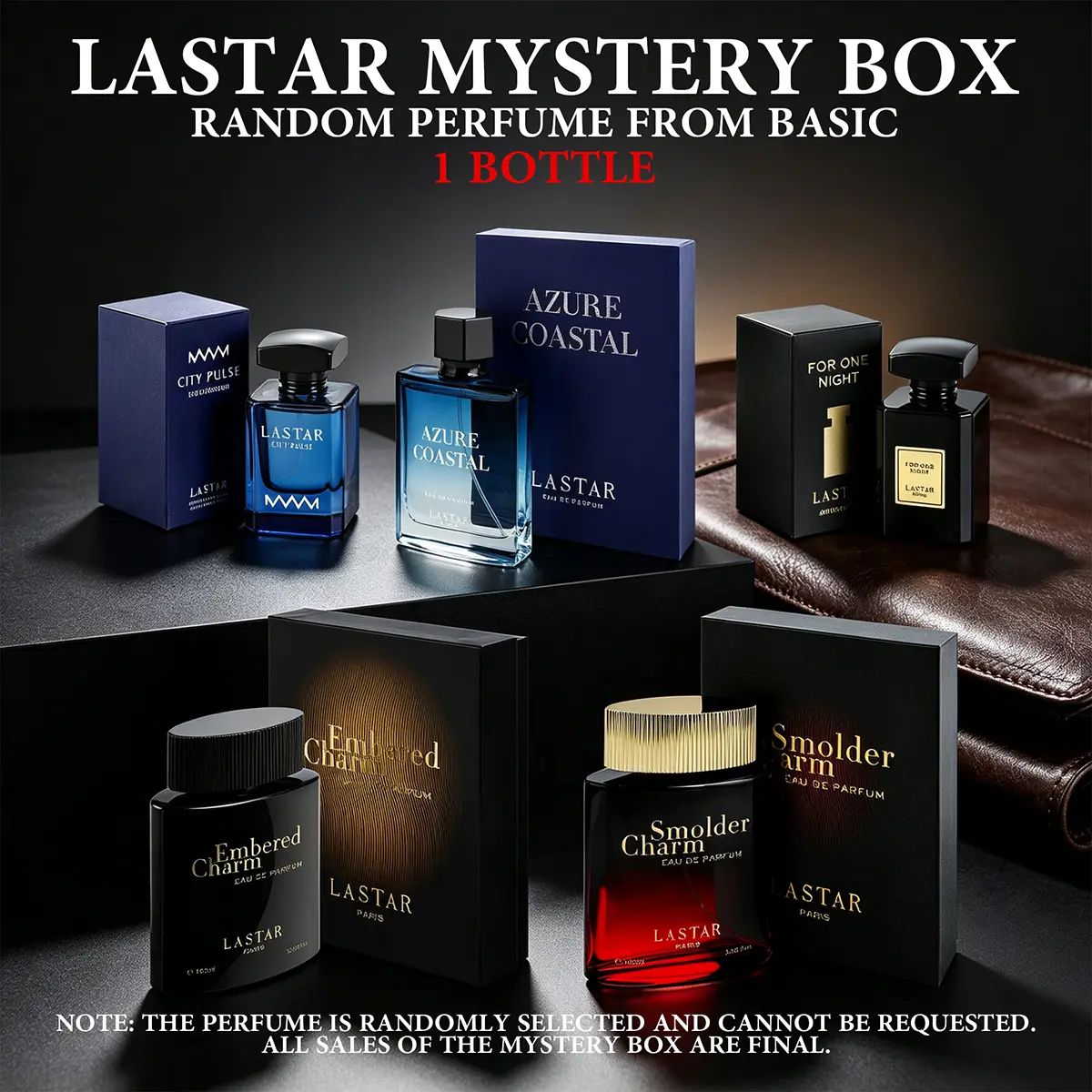 LASTAR Men's Perfume Surprise Mystery Box — One bottle randomly selected from five premium fragrances: Vanilla, Oriental, Chypre, Marine, and Woody. Ideal for unboxing at social gatherings or as a delightful holiday gift.