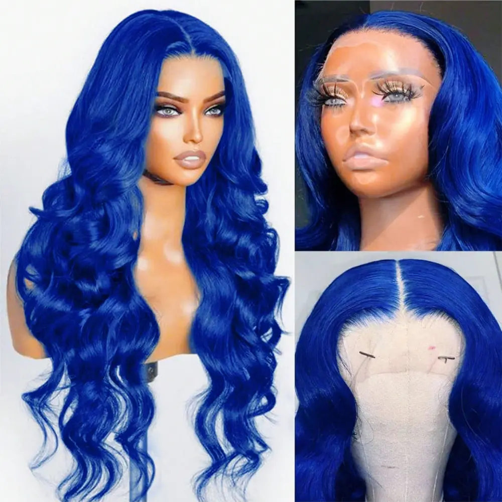 24 Inch Blue Synthetic Lace Frontal Wigs Color Body Wave 