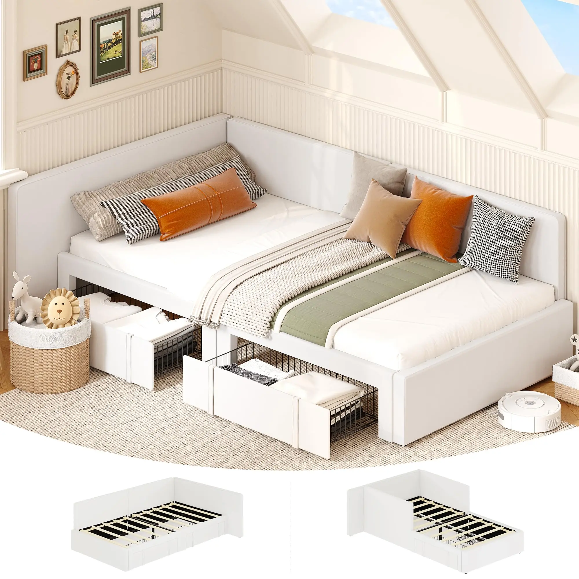 【GARVEE】soft Upholstered Twin Daybed with 2 Storage Drawers - Corner Bed Frame, Extended Headboard, Bed Rails, Guardrail, Adjustable Installation - Suits Bedroom, Guest Room - Beige