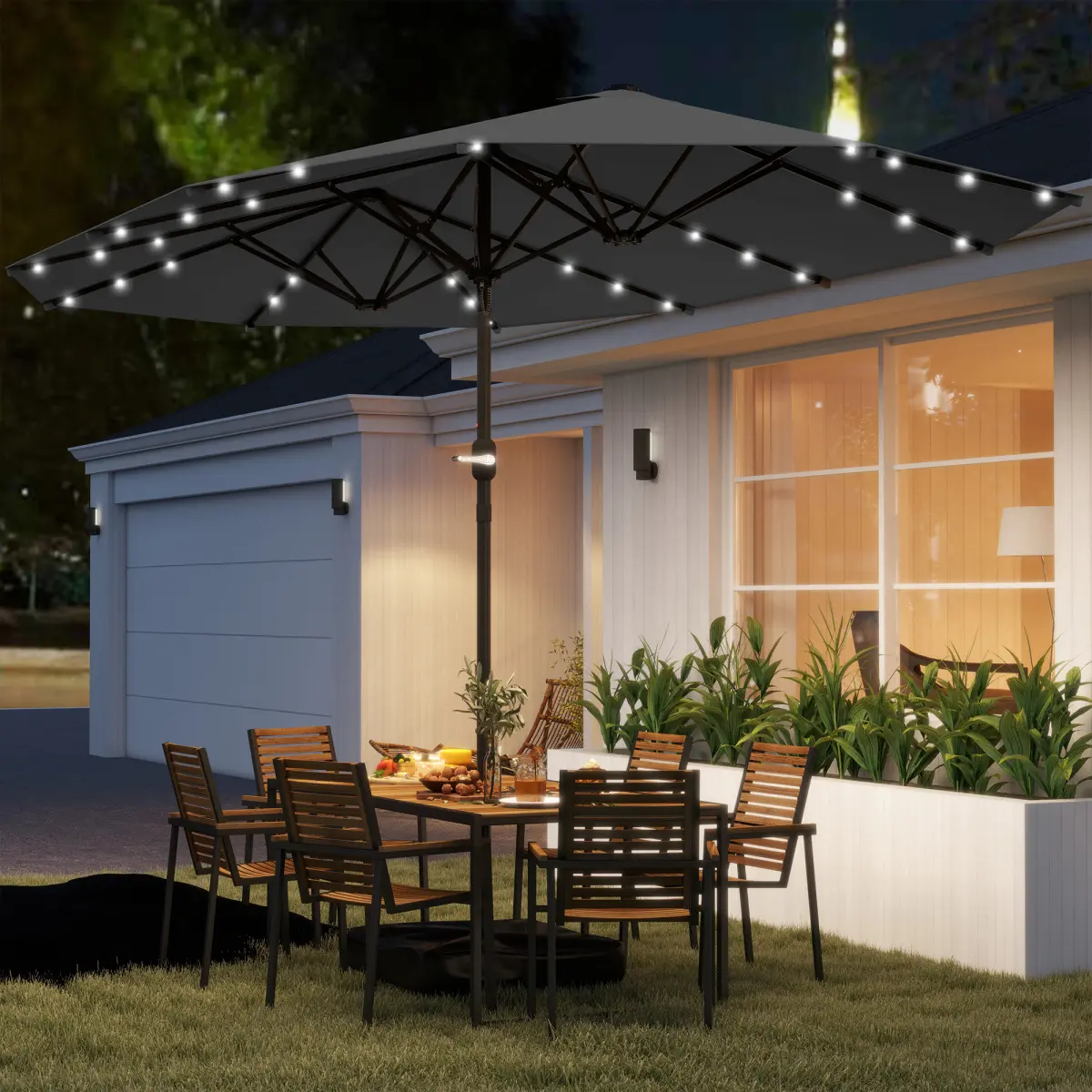 [Bellemave] Double-Sided Outdoor Patio Umbrella| Solar LED Lights| Sand Base| Sun Shade for Garden Backyard Poolside Gray