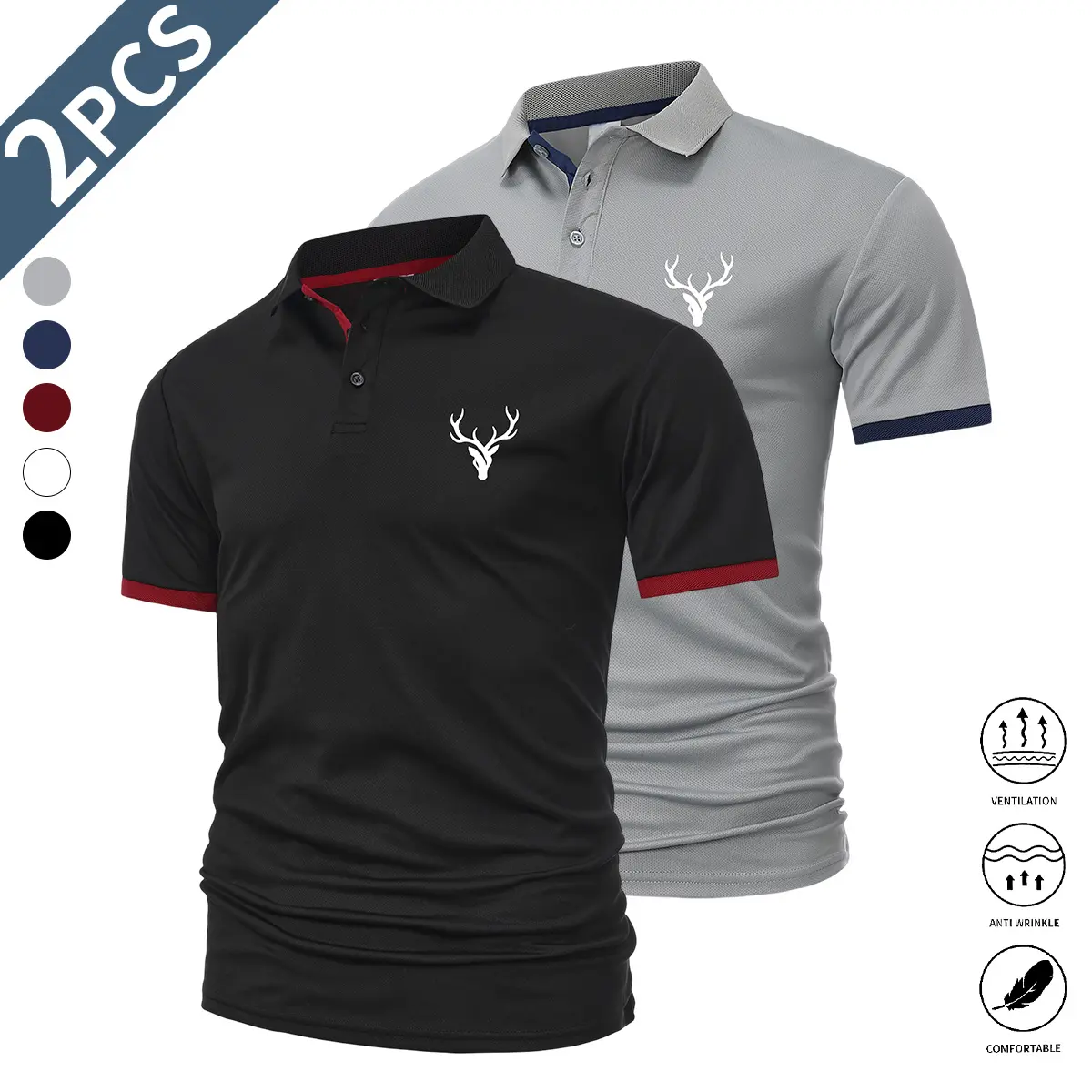 2 men's fashion polo shirts featuring a printed design.Business casual polo shirt with a turn-down collar—comfortable, breathable short sleeves, suitable for leisure sports and everyday wear.
