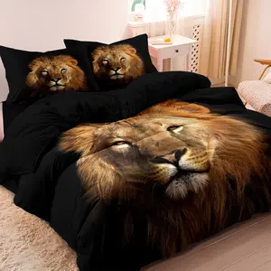 3pcs Duvet Cover Set (1 Duvet Cover + 2pcs Pillowcase, Without Core), 3D Elegant Luxury Simple Black Background Lion Animal Printed Decorative Duvet Cover Bedding Set For Bedroom and Guest Room