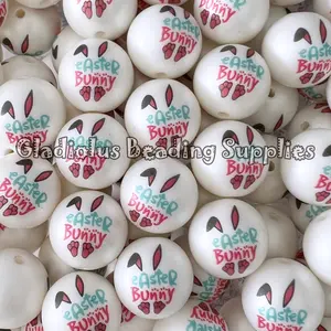 20mm Easter Bunny Print Acrylic Bead, Bunny, Easter Beads, Bubblegum, Chunky Round, Gumball, Beading Supplies