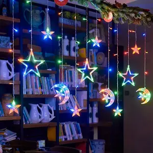 Stars Moon LED Curtain Lights, Flickering Star Moon Decorative Lights, Christmas Indoor Window Shade LED Ambiance Light, Outdoor Christmas Decoration Night Lamp, Home Decor Ornament, Curtain String Light