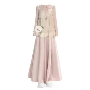 French-style sweet and youthful pink long-sleeved ruffled knit top paired with high-waisted, elegant, and slimming skirt and pants two-piece set