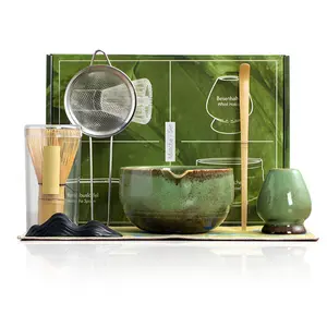 7-Piece Complete Matcha Set with Ceramic Bowl & 100 Prong Bamboo Whisk – Includes Whisk Holder, Scoop, Rest, Sifter & Tea Towel, CHADO Whisking Guide, Handcrafted Eco-Friendly Design