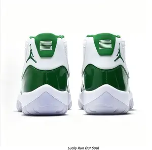 Two Tone White Green Patent Leather Mid Top Retro Sneakers Cushioned Non Slip Sports Running Shoes Unisex