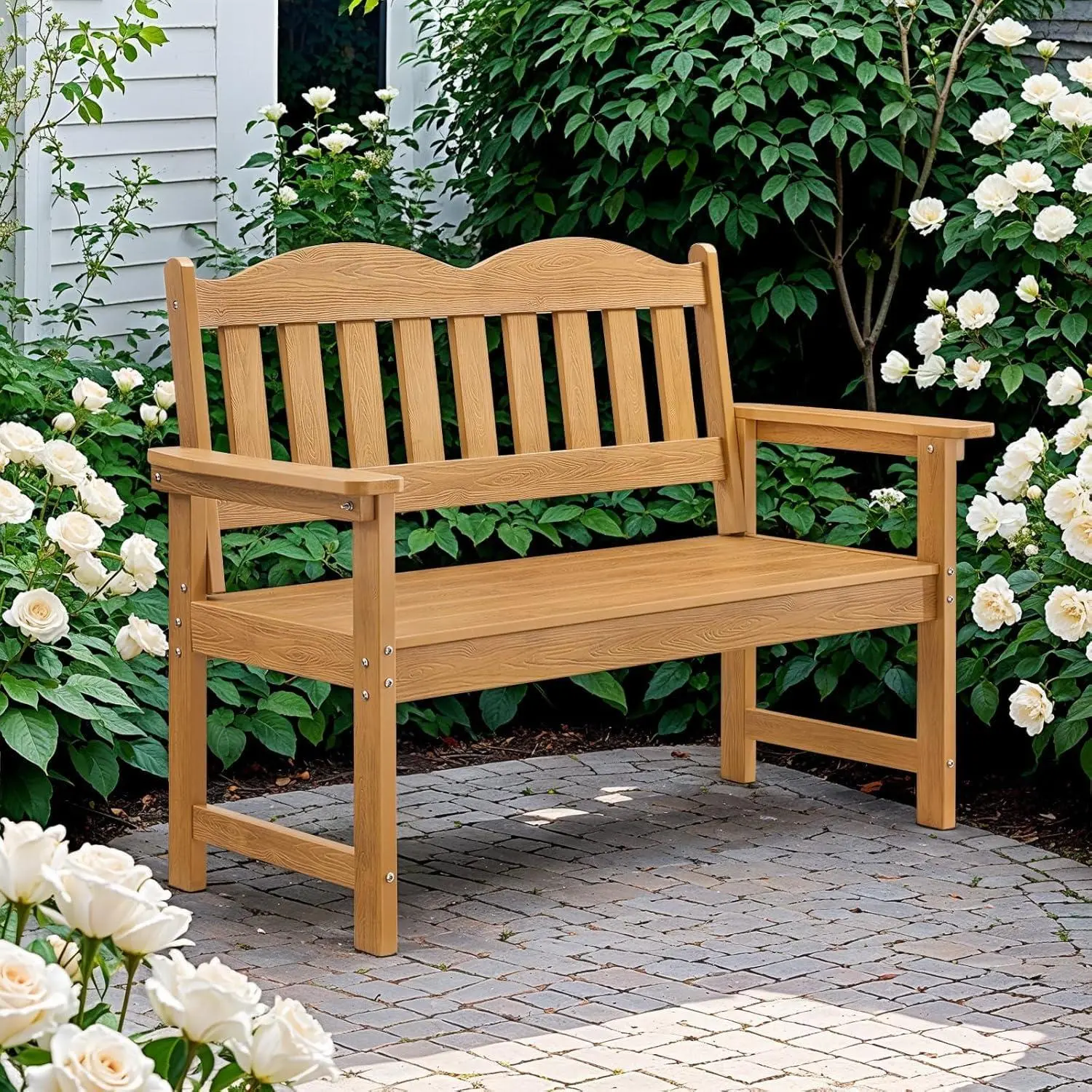 Gaomon 2-Seater Poly Lumber Garden Bench - Slatted Back Patio Porch Furniture, Rust Resistant for Yard, Porch Use, Two-Seater,sohochic