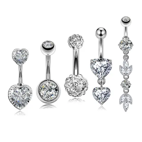 OUFER BODY JEWELRY Women’s 5Pcs 14G High Quality Cubic Zirconia Dangle Navel Rings - 10mm Bar, Heart Accent, Flower Beads, Paved CZ Ends, Female Basic Everyday Body Jewelry with Luxe Brilliance