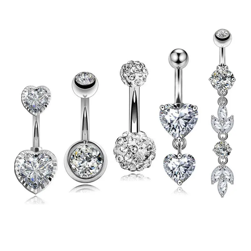 OUFER BODY JEWELRY Women’s 5Pcs 14G High Quality Cubic Zirconia Dangle Navel Rings - 10mm Bar, Heart Accent, Flower Beads, Paved CZ Ends, Female Basic Everyday Body Jewelry with Luxe Brilliance