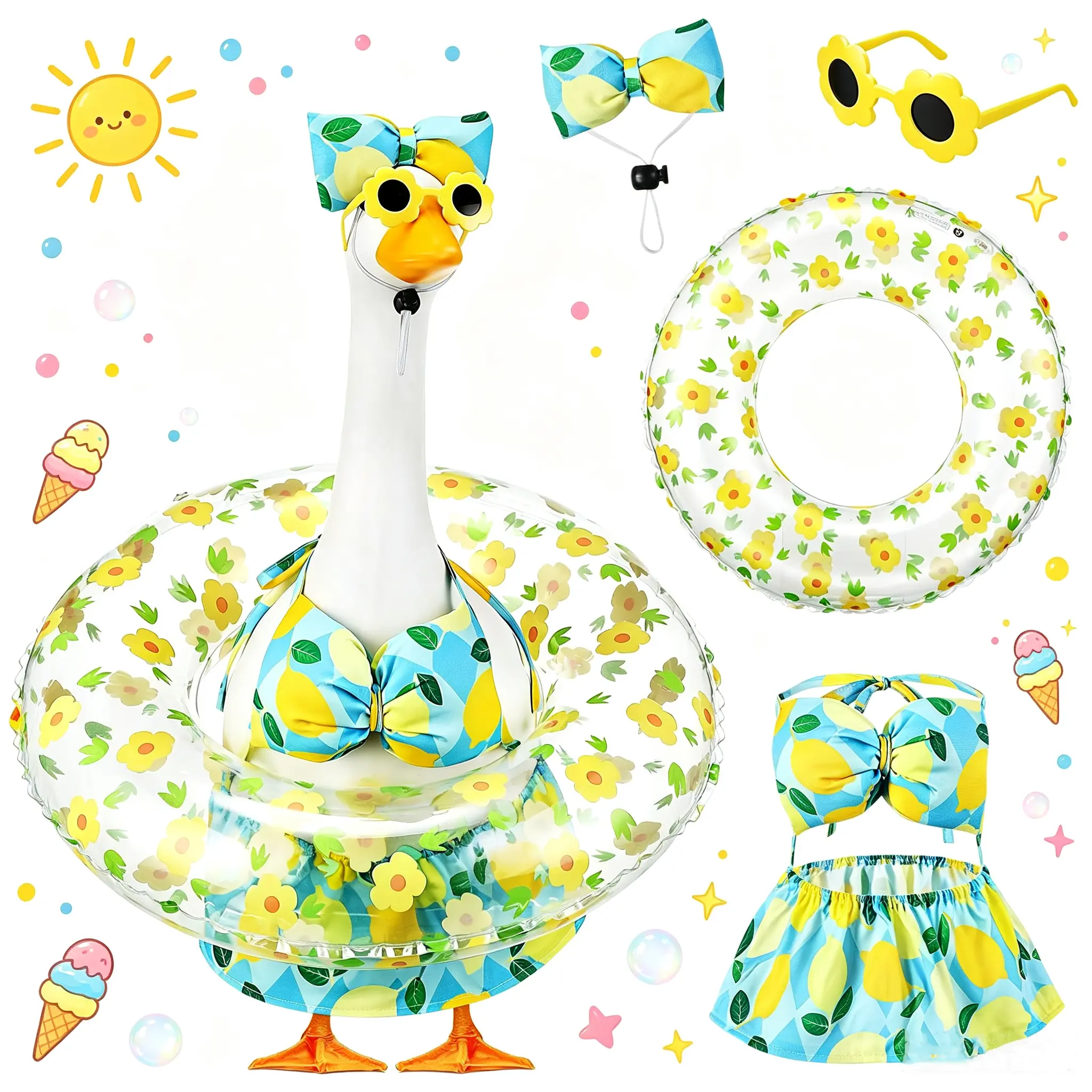 Porch Goose Clothes Dress Up Outfit, Summer Beach Lemon Bikini Costume Set for 23 Inch Porch Goose Statue, Lawn Goose Dress Up Accessories, Floral Inflatable Swim Ring, Bow , Flower Sunglasses, Outdoor Yard Garden Decor (Goose Not Included)